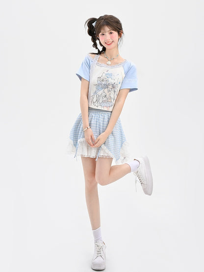 ライトブルーデザイン アニメガールプリントTシャツ カラーブロック ショート/ロングバージョン