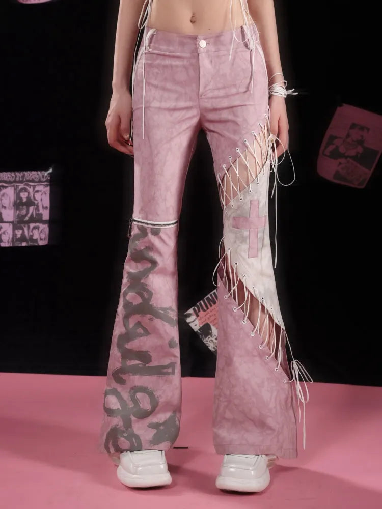 Asymmetrische Schlaghose mit Schnürung in Rosa Dusty