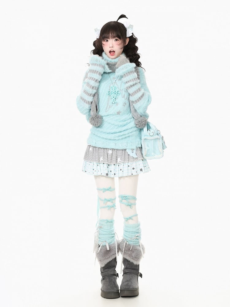 Cool Season Kawaii Blue Asymmetric Faux Mohair Star Wing Sweater - Languid Park