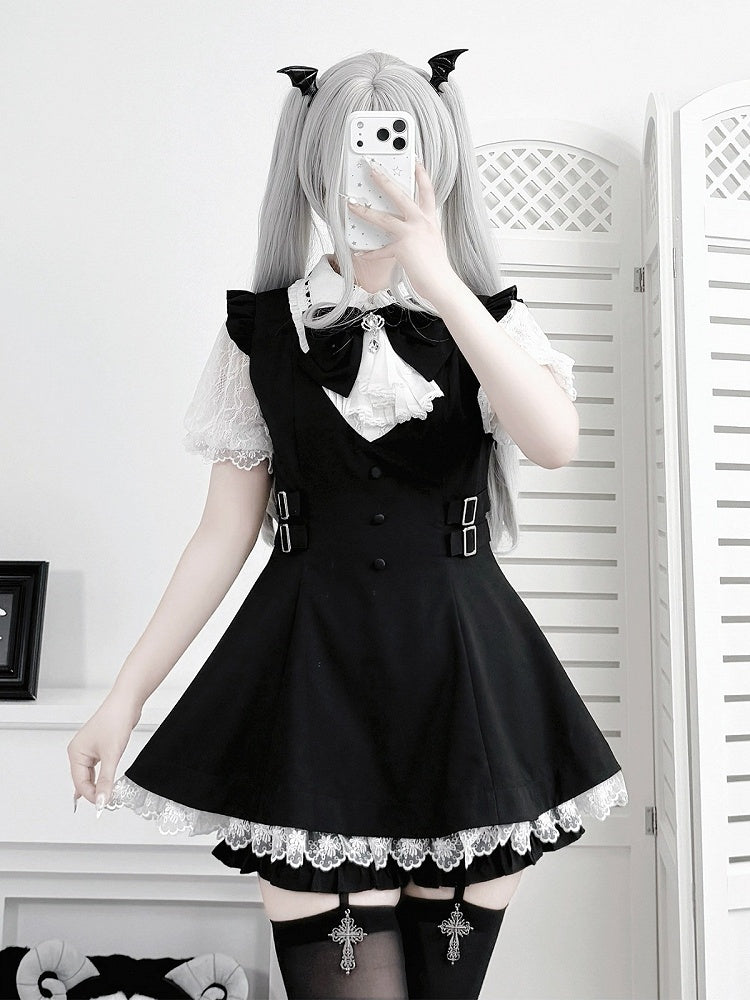 Jabot Black Jirai-Kei Plaid Short Sleeve Gown with Lace Bow Accents + Matching Shorts Set - Puzzles