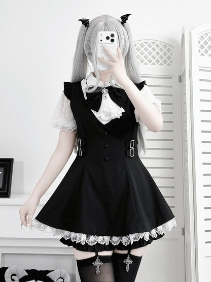Jabot Black Jirai-Kei Plaid Short Sleeve Gown with Lace Bow Accents + Matching Shorts Set - Puzzles