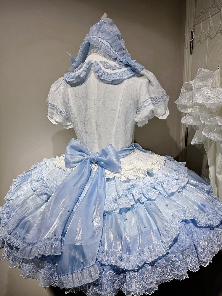 Mieder und Kragen Kleid Blau Peter Pan Print Stickerei Süß Weiß Strand Lolita Wal