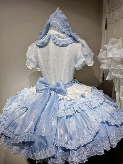 Bodice and Collar Dress Blue Peter Pan Print Embroidery Sweet White Beach Lolita Whale