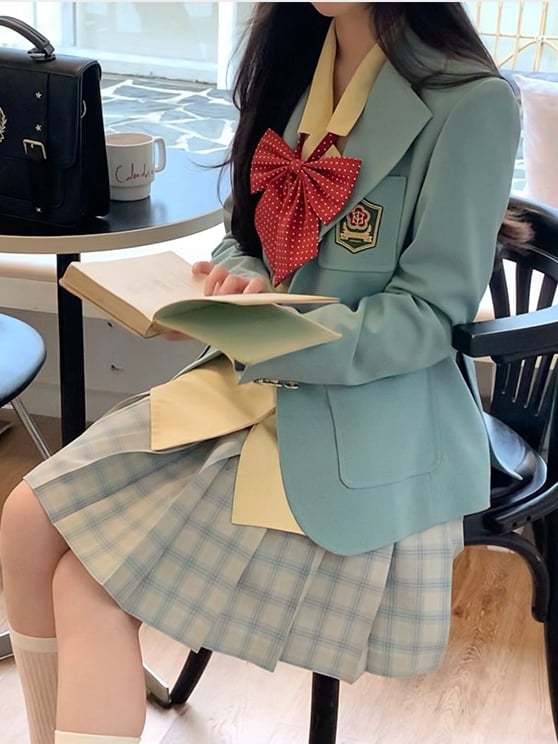 グリーンのノッチカラーのプレッピーJK制服ブレザー（ミント）