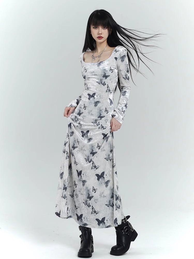 White Velvet Butterfly Print Slim-fitting Dress