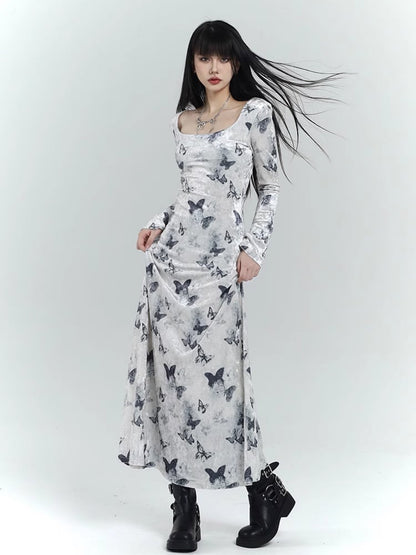 White Velvet Butterfly Print Slim-fitting Dress