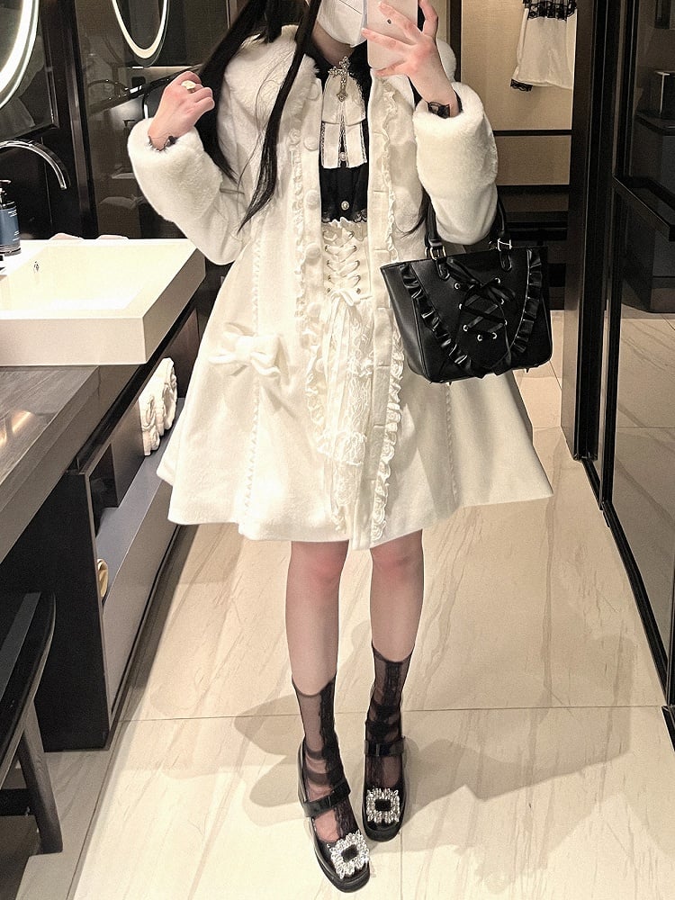 ジライケイ ホワイト/ブラック 取り外し可能なケープ 蝶結びディテール 地雷スタイルコート