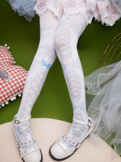 バタフライプリントのクリスクロスバンドタイツとアシンメトリーのピンク/ブルー/ブラック/イエロー/レッド