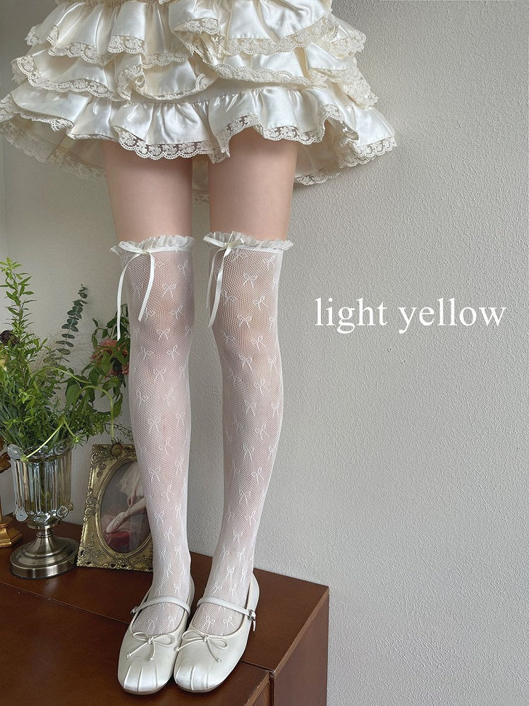 Stockings Trim White/Light Bowknot Yellow/Black Details Lace Overknee