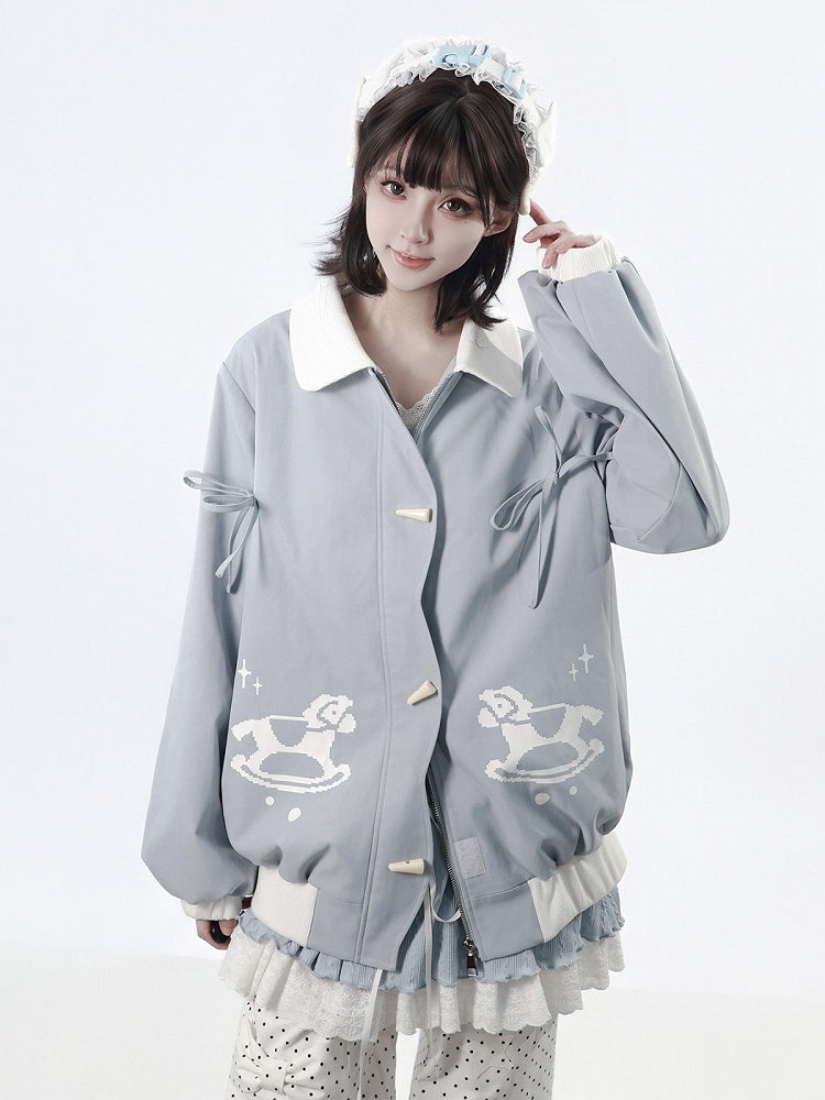 Light Blue Scalloped Placket Jacket with Rocking Horse Print & Toggle Buttons for Fall Winter - PINK SAVIOR
