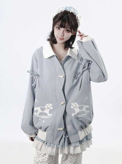 Light Blue Scalloped Placket Jacket with Rocking Horse Print & Toggle Buttons for Fall Winter - PINK SAVIOR