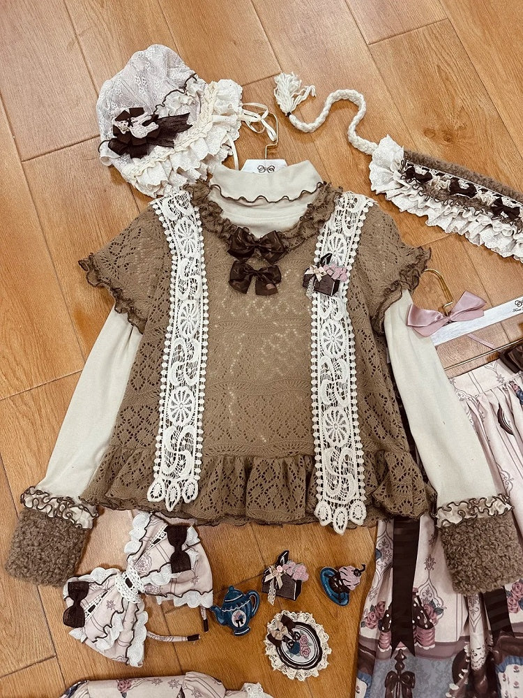 Top Lace-Knit Light Sleeves Lolita Brown Short