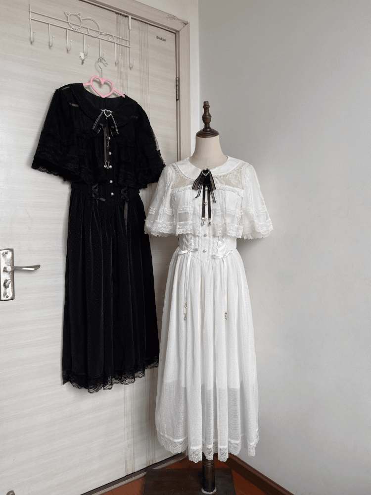 Kei Design Jirai Long and Lace-up Waist Fabric with Cape White Dress Chiffon