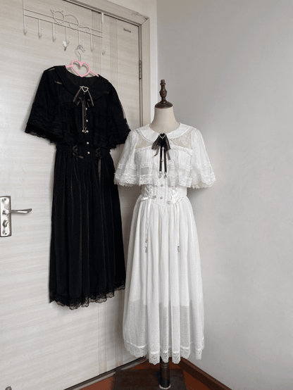 Kei Design Jirai Long and Lace-up Waist Fabric with Cape White Dress Chiffon