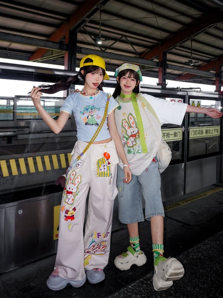 Tシャツ ホワイト ラウンドネック ゆったり 漫画 ウサギ プリント