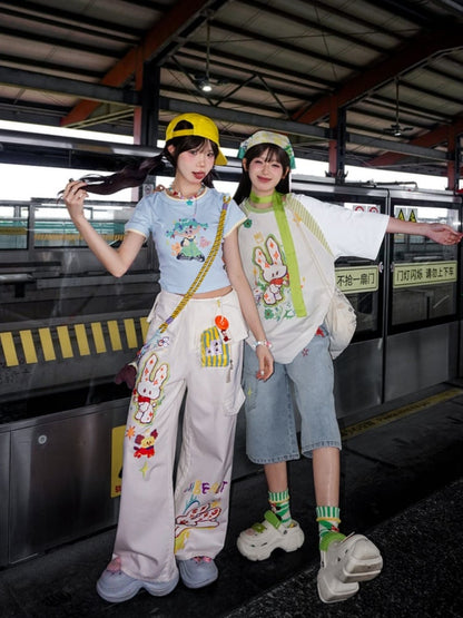 Tシャツ ホワイト ラウンドネック ゆったり 漫画 ウサギ プリント