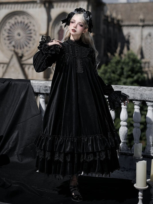 Gothic Hem with Lolita Black Versatile Velvet Drawstring Ruffled Dress