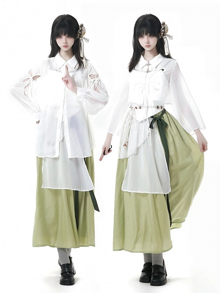 Weißes, transparentes Hemd im Chiffon-Stil, langärmelige Version, schmetterlingsförmiger Ausschnitt, Cheongsam