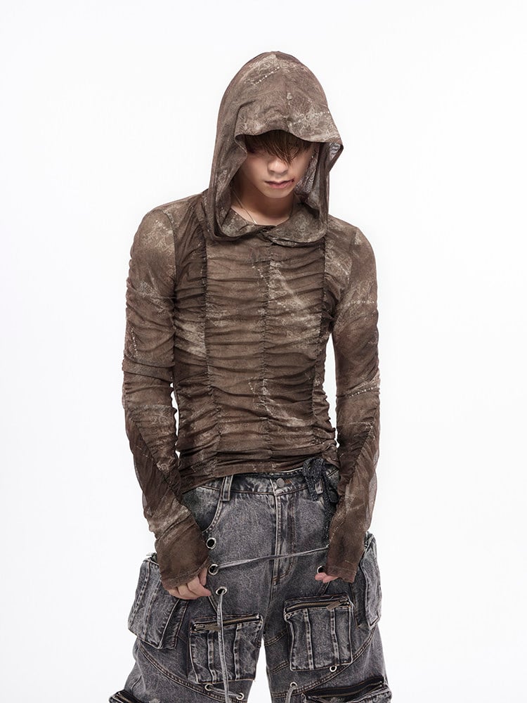 Brown Wasteland Punk Long Sleeve Top - Ruched Detail & Thumbhole Cuffs