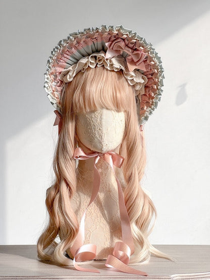 with Pink and Green Lace Sweet Ruffled Lolita Accents Bowknots Bonnet