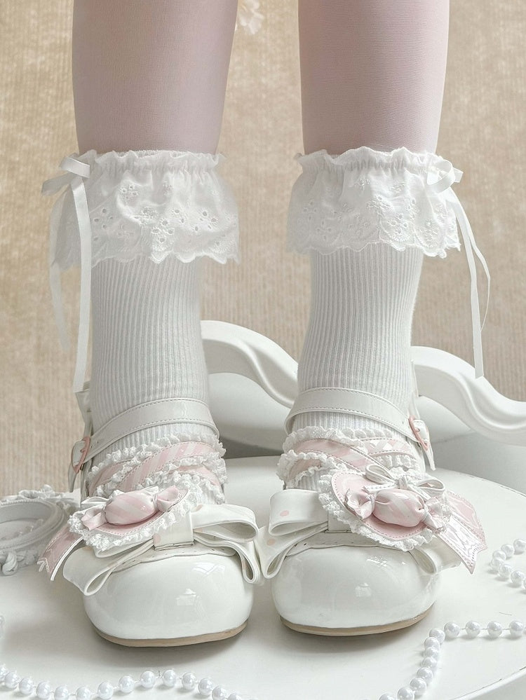 Lolita - Straps Heart Top Trim White Bow Ruffles Decor Candy Crisscross with Mary Sweet Pink Janes Shoe Clip
