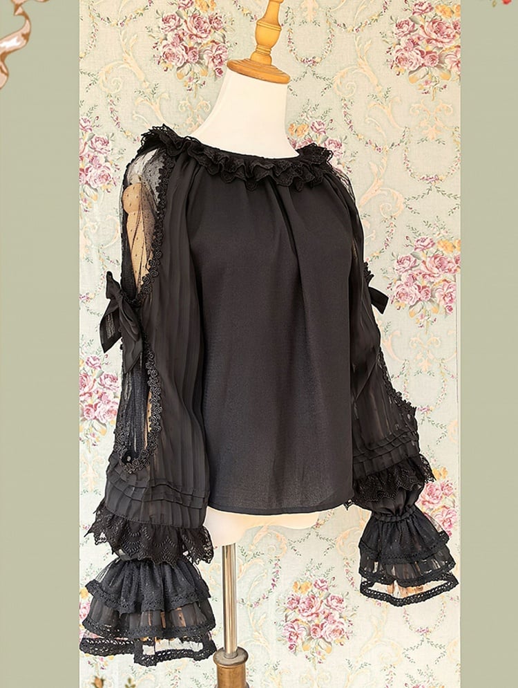 Lolita Semi-sheer Neck Trim Black Sleeves with Lace and Blouse Round Ruffled