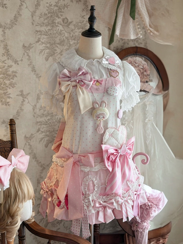 Polka Dot Bow Low-Waist JSK in Pink and White with Adjustable Straps - sedef