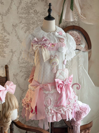 Polka Dot Bow Low-Waist JSK in Pink and White with Adjustable Straps - sedef