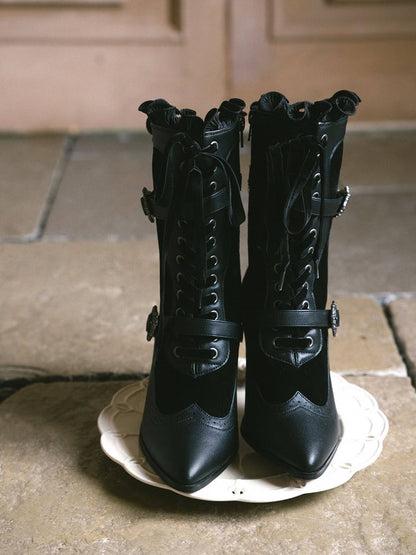 Embossed 7.3CM High Heel Boots with Metal Buckle and Lace Gothic Details - Lacy Bones
