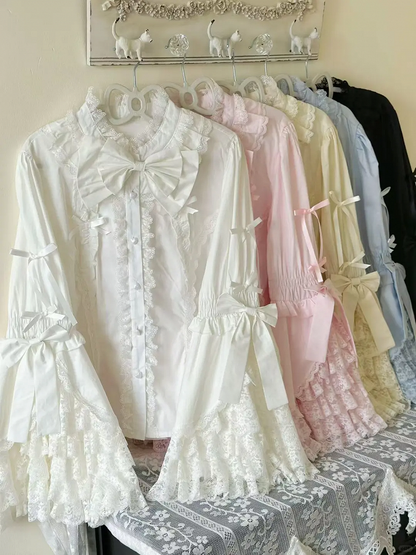 Plus Size White Black Pink Blue Apricot Lolita Bell Sleeve Blouse - Versatile girl