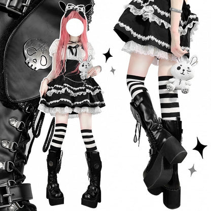 ブラックパンク風バニーイヤーデザインゴシックプラットフォームブロックヒールブーツ