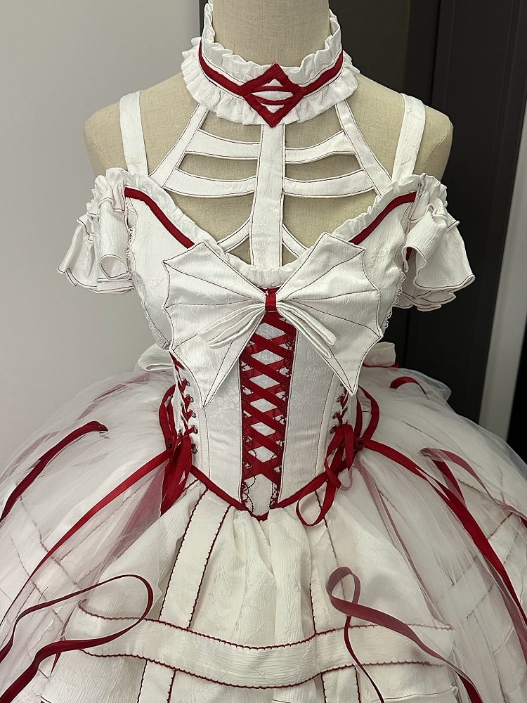 Korsett mit Schnürung an der Taille, Gothic-Rock, Vogelkäfig-Kleid in Weiß und Lolita-Rot