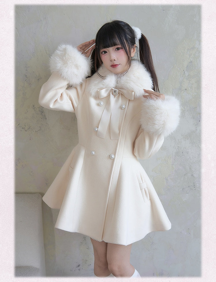Apricot Coat Jirai Kei Big Bow Breasted with Double Detachable Fluffy Collar and Cuffs Rhinestone