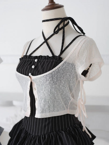 Jirai Kei Black Striped Tiered Ruffle Camisole Dress White Cropped Top Set - No Genki