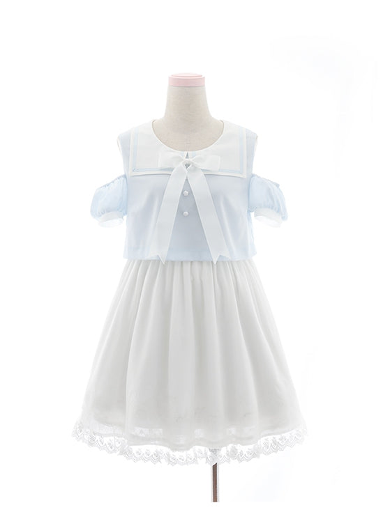 Kragen Rosa/Blau Hasenohren und Schwanzdetail Matrosen-Chiffon-Rückseite