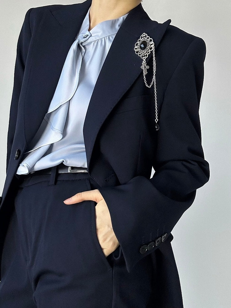 Pocket Chest Lolita Unisex Vintage with Blue Dark Blazer Slim-fitting Ouji
