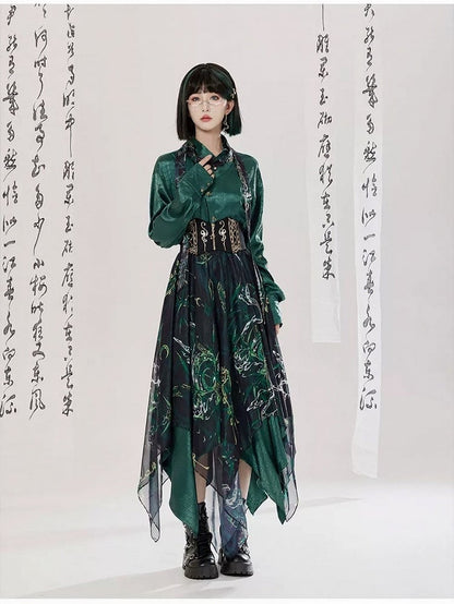 Snake Asymmetrical Black with A-line Skirt Print Green