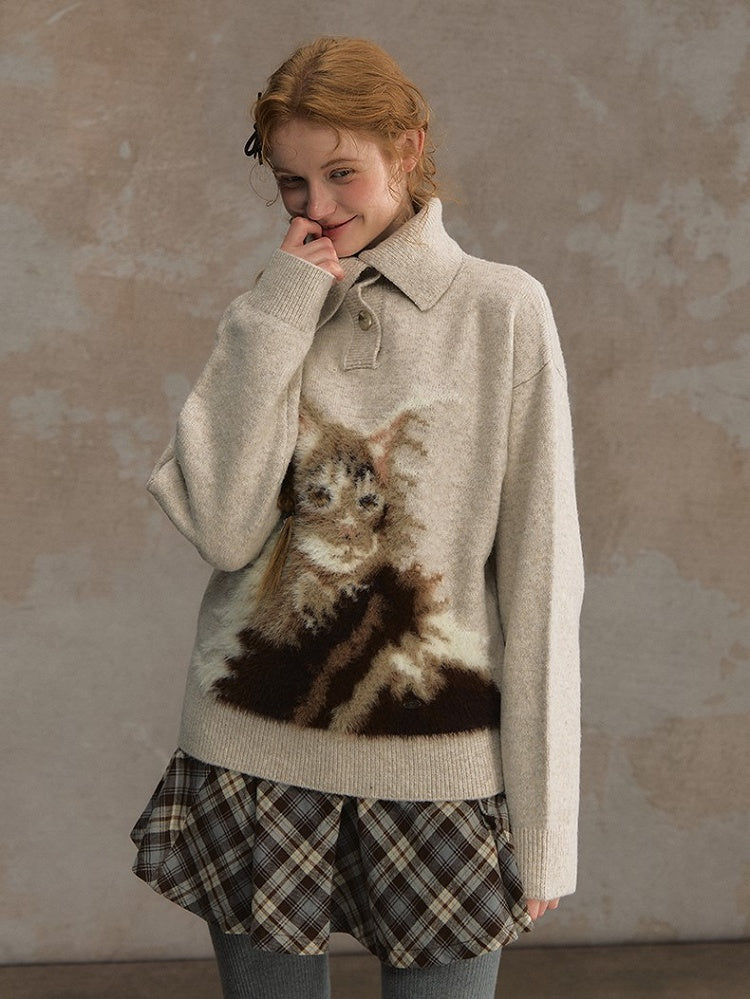 Beige/Brown Cozy Loose-Fit Pullover Sweater with Cat Design and Convertible Collar