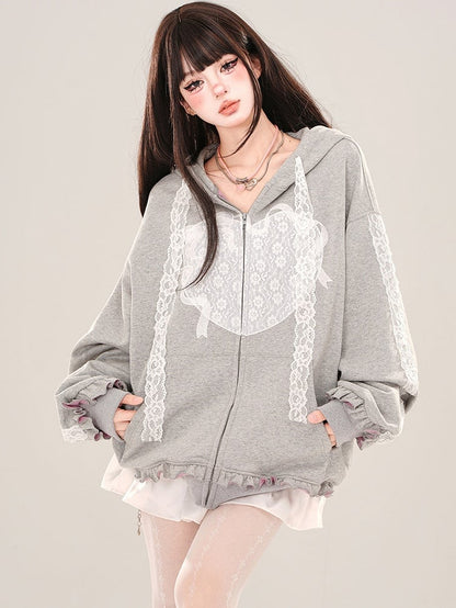 Grey  Lace Applique Ruffle Trim Zip Hoodie