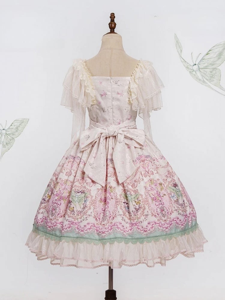Floral Square Dress Lolita Elegant Moth Green and with Details Neckline Lace Pink Print
