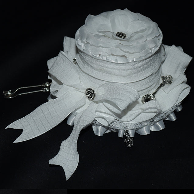 Trim And Decorated Lace Crown White Fork Hat Mini Bowknot Design Scoop