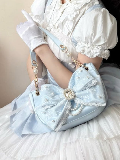 Blue Sweet Lolita Satin Underarm Bag with Crystal Bow - Sheep Puff Bag
