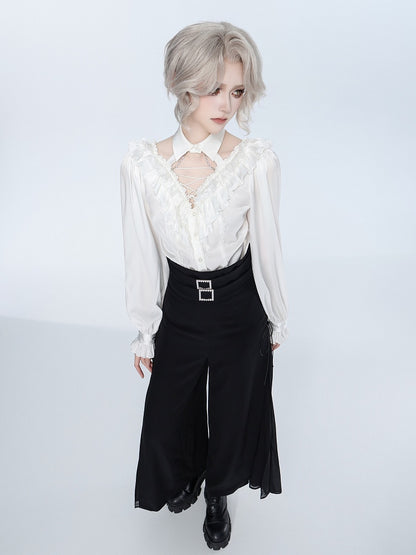 All White Cascading Ruffles V-neck Long Sleeves Backless Shirt with Bead Chains - DevilInspired Exclusive Collection