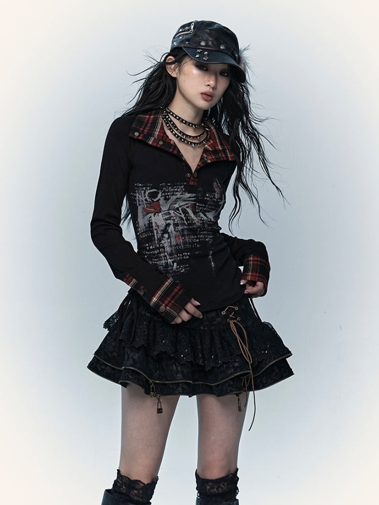 Black and Red Plaid Polo Collar Drawstring Waist Top