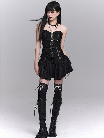 Zipper Placket Black Criss-Cross PU Front and Straps Buckles