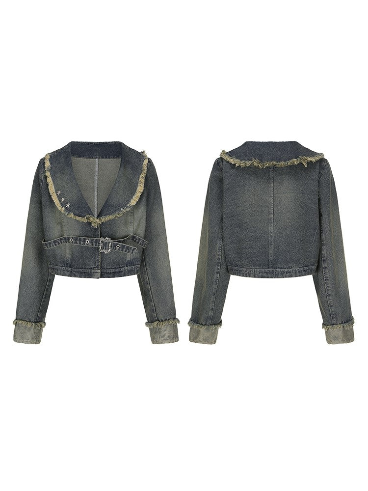 Size Jacket with Y2K Punk Hem Wasteland Plus Denim Gray-Blue Raw Crop
