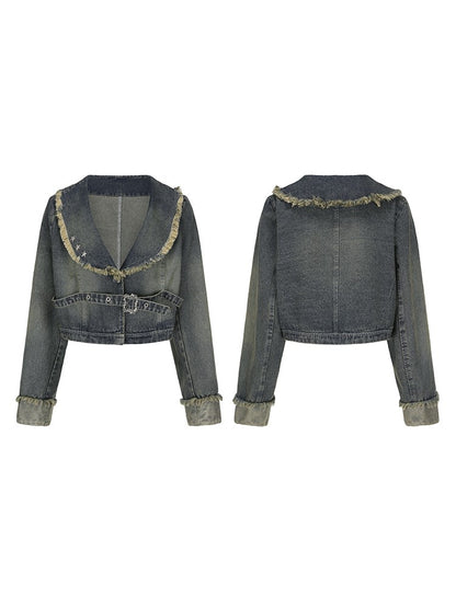 Size Jacket with Y2K Punk Hem Wasteland Plus Denim Gray-Blue Raw Crop