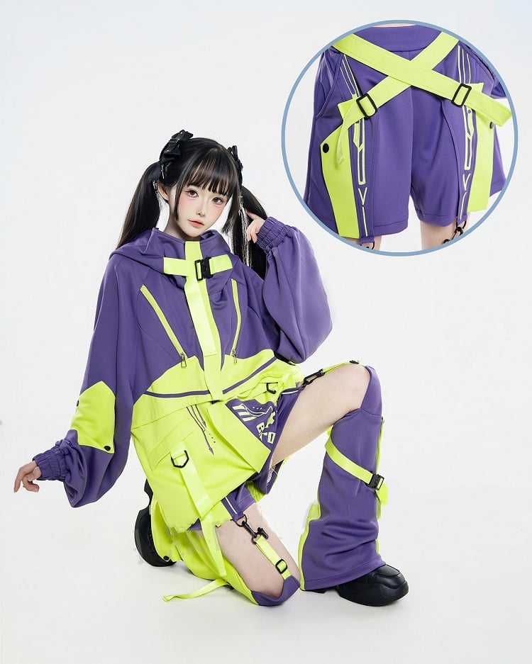 Cyber Design Criss-Cross Techwear Colorblock Green Shorts Strap Landmine with Purple