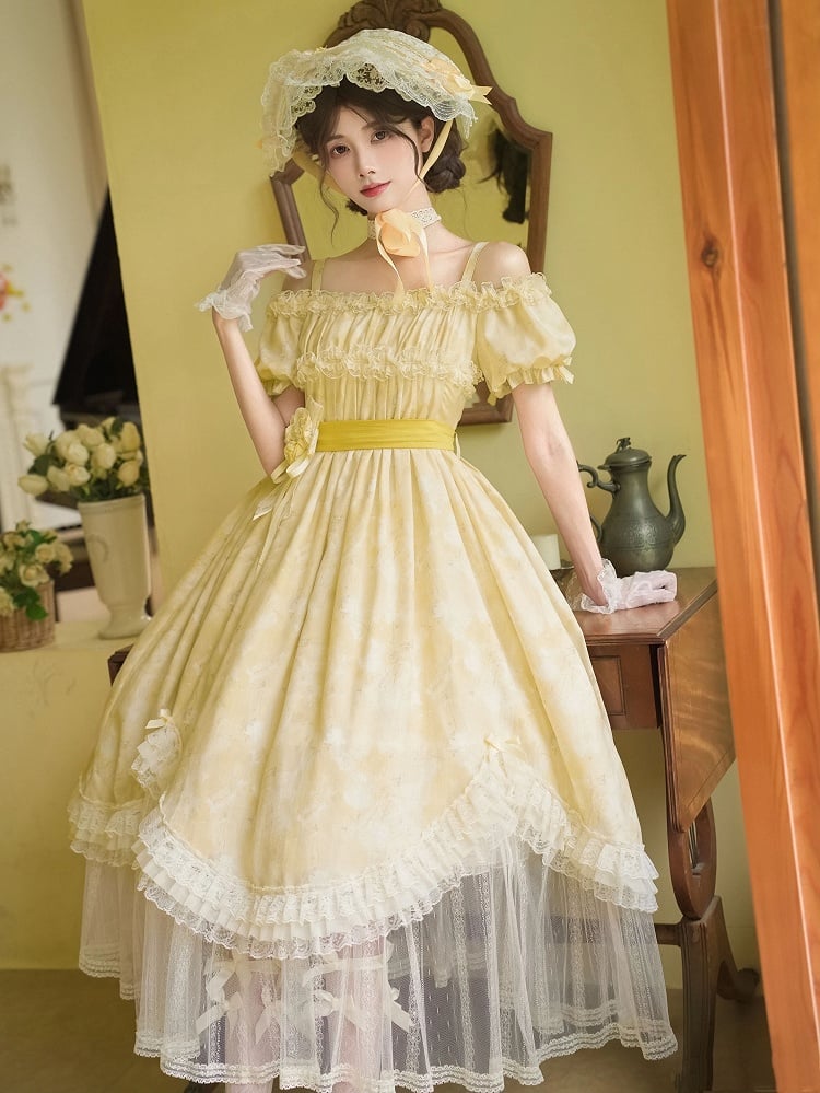 Light Yellow High Waist Mesh Panels Scalloped Edge Hem Dress Lolita OP Full Set - With PUJI