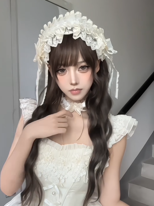 with Bead Lolita Hairband Champagne/White/Black Accents Lace